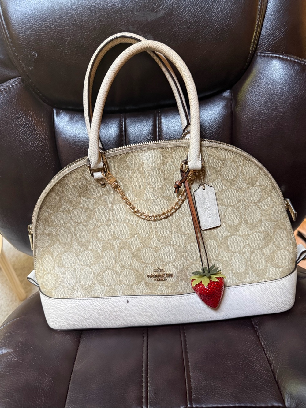 Coach Khaki and Chalk Dome Satchel with Strawberry Charm